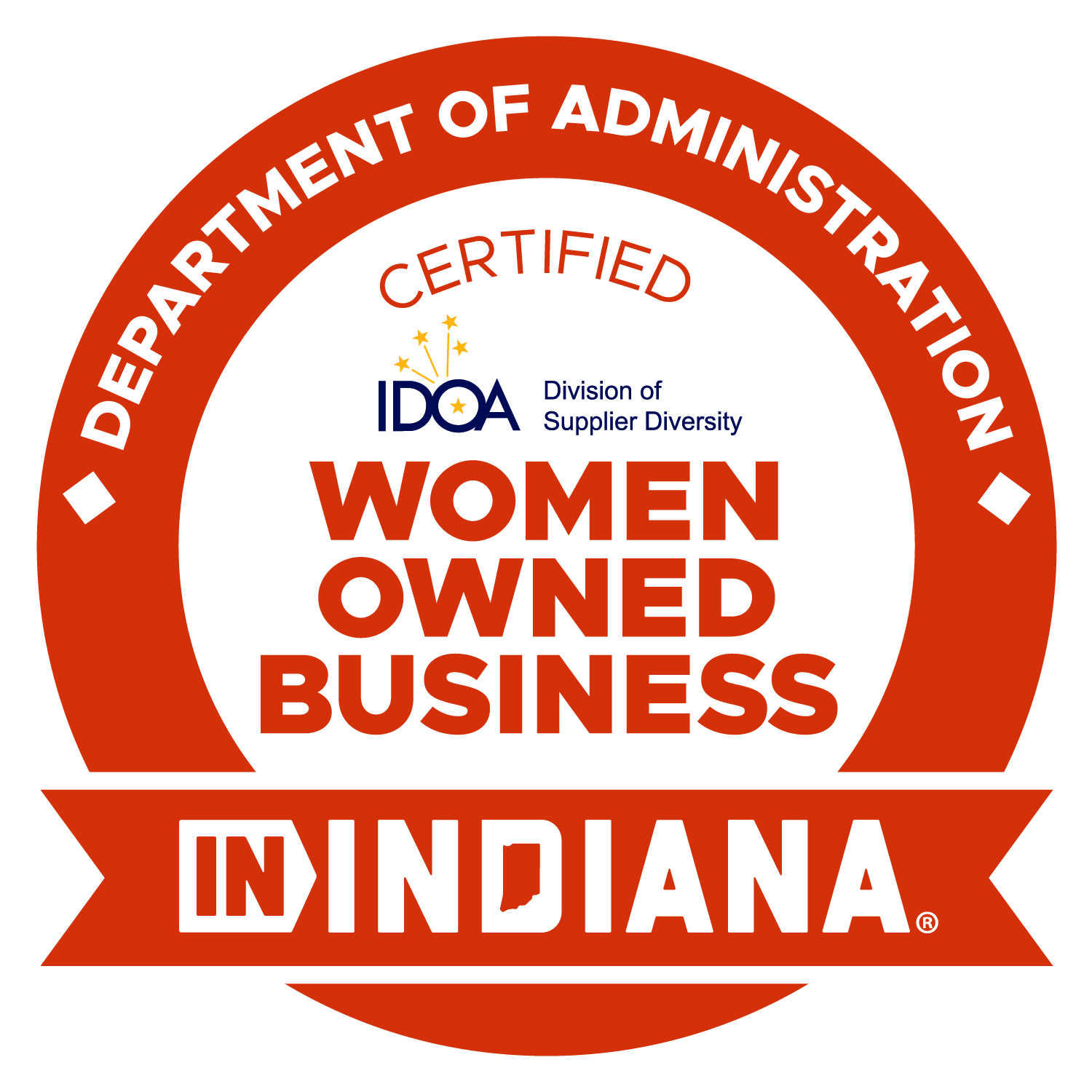 Indiana Department of Administration Women-Owned Business Enterprise (WBE) certification badge.